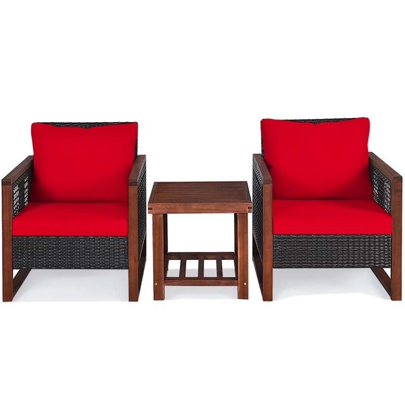 3 Pcs Rattan Patio Furniture Sofa Set Outdoor Conversation Bistro Set with Acacia Wooden Frame & Cushions