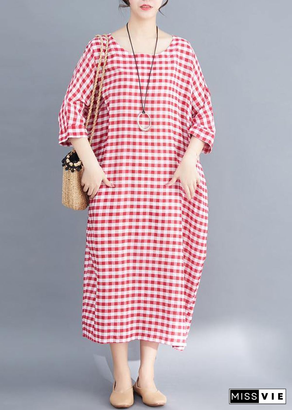 French red white plaid cotton linen plus size Photography Maxi summer Dresses