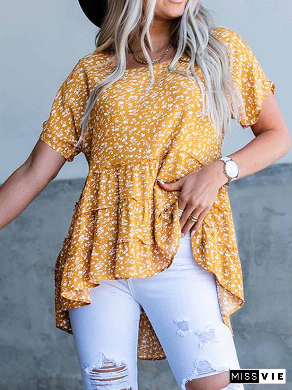 Women's Floral Print Ruffled Casual T-shirt