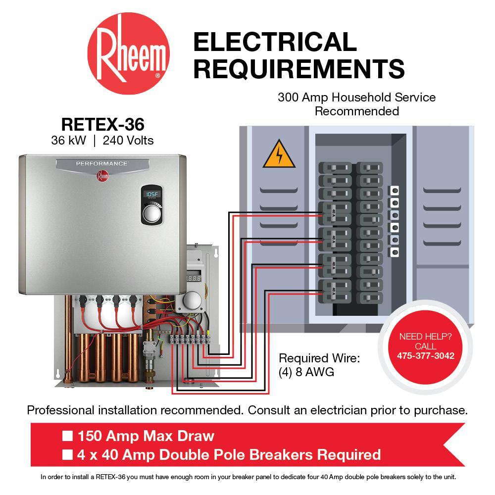 Rheem Performance 36 kw Self-Modulating 7.03 GPM Tankless Electric Water Heater RETEX-36