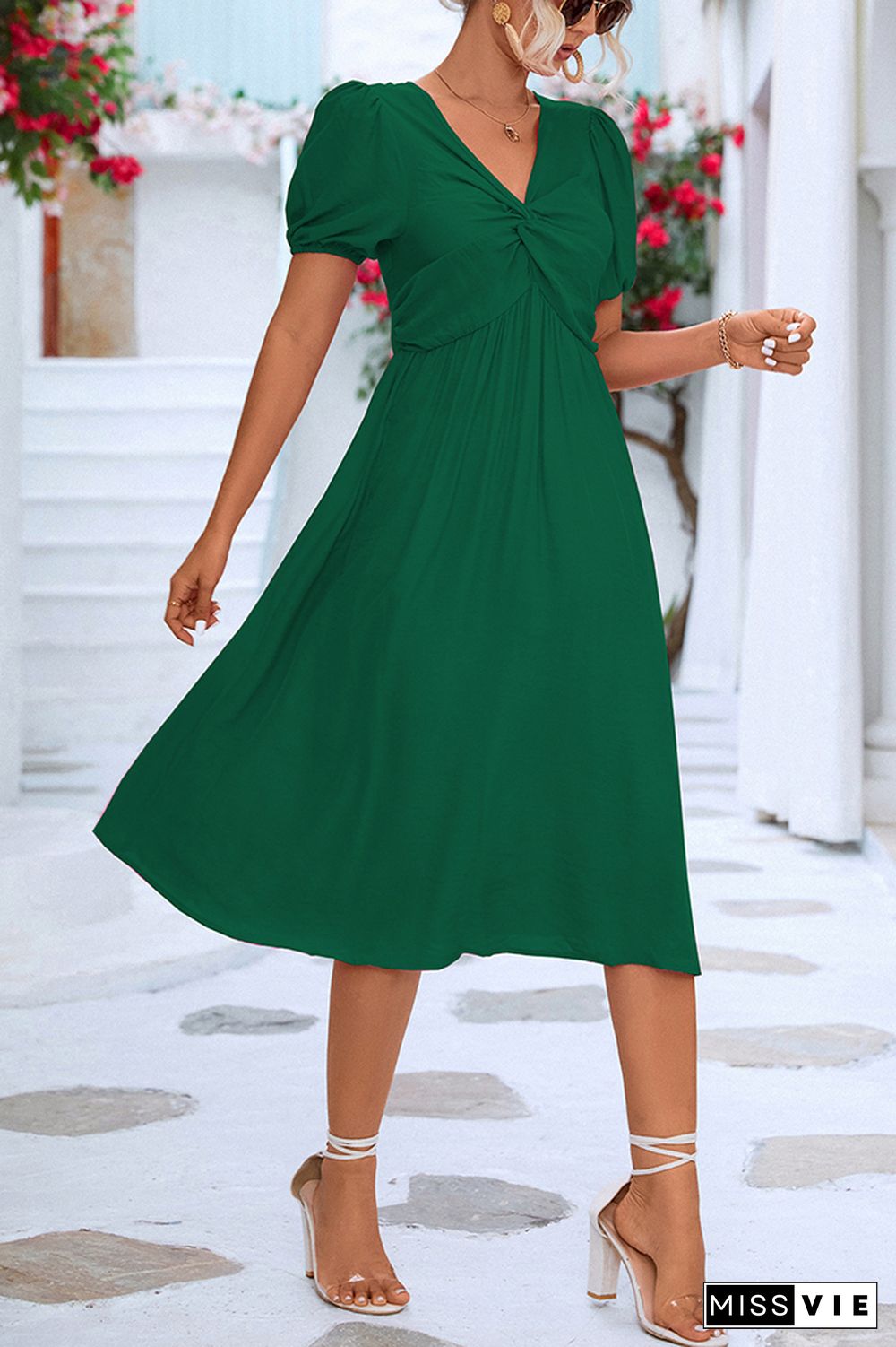 Plain V Neck Twisted Bubble Sleeves Midi Dress