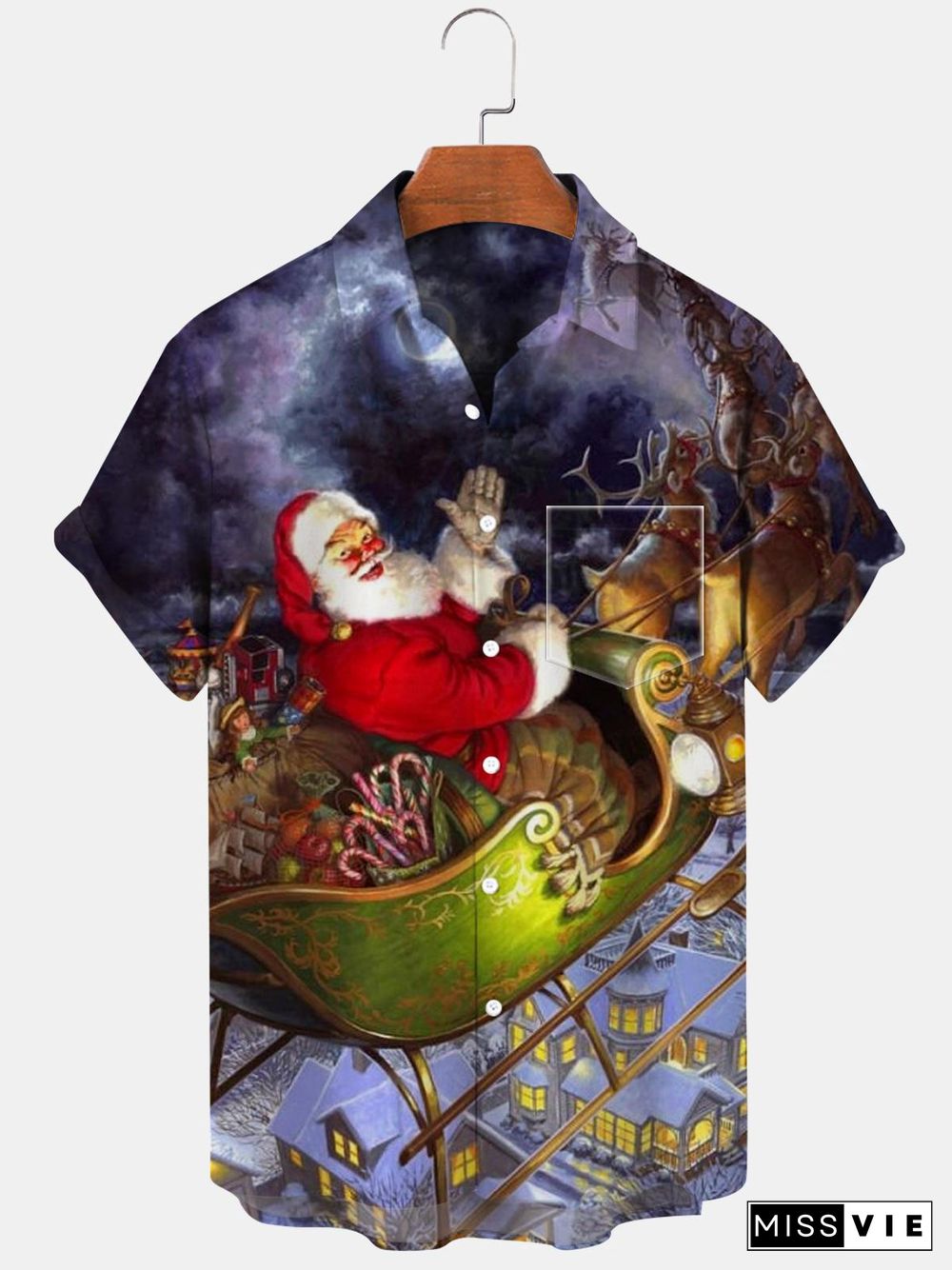 Santa Claus Deer Short Sleeve Men's Shirts With Pocket