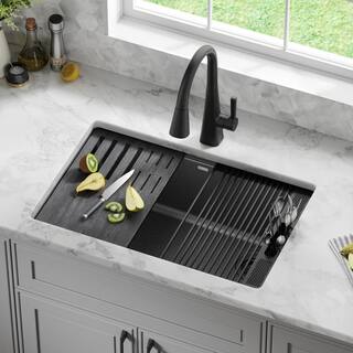 Delta Everest Metallic Black Granite Composite 29 in. Single Bowl Undermount Workstation Kitchen Sink with Accessories 75B933-30S-BL