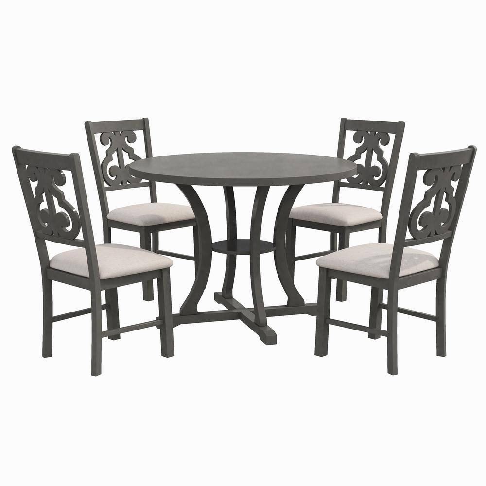 Harper  Bright Designs Exquisitely Designed 5-Piece Round Wood Top Gray Dining Table Set with Special-shaped Legs and Hollow Chair Back XW014AAE