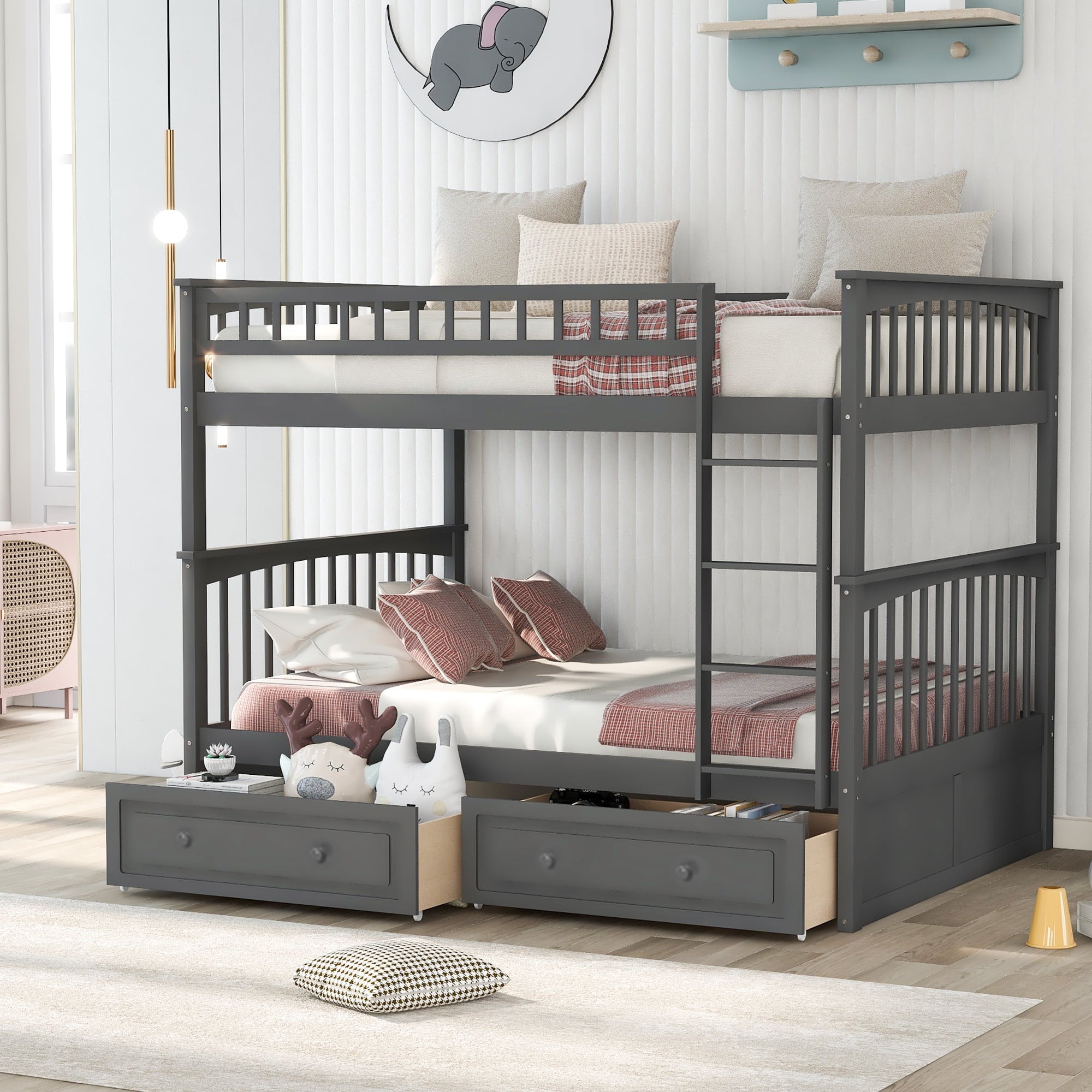 Full Over Full Solid Wood Full Size Bunk Bed with Two Storage Drawers, Convertible Bunk Bed Can be Converted Into Two Full Size Daybeds,Gray