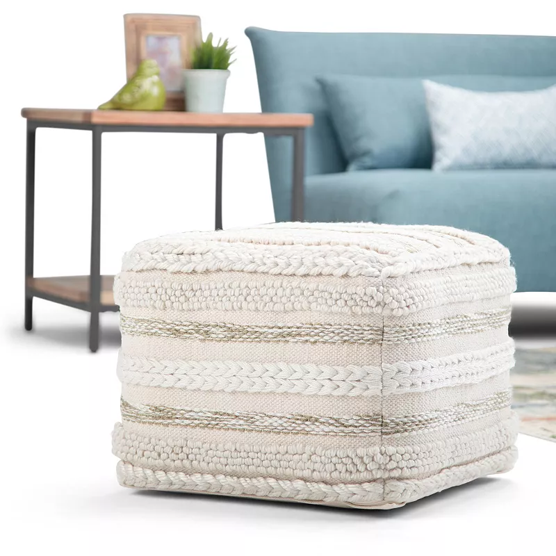 Simpli Home Sommer Contemporary Square Pouf - Natural Handloom Woven Pattern