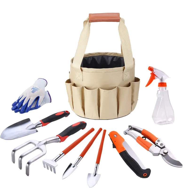 Wholesale 10pcs Garden Tools Set  with Weeding Fork  Rake Tooth  Pruner Garden Bucket and Tools Bag Set Garden Hand Tools