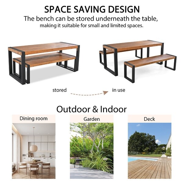 3Piece Acacia Outdoor Picnic Table Set With 2 Benches，With Acacia Wood Top and Steel Frame