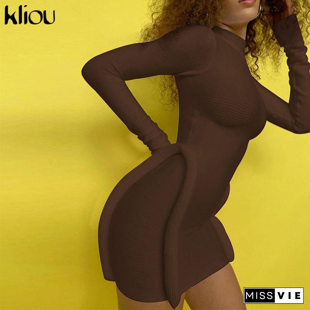 Kliou Knitted Stitching Mini Dress Women Hipster Skinny Three-Dimensional Decoration Bodycon Long Sleeve Turtleneck Streetwear