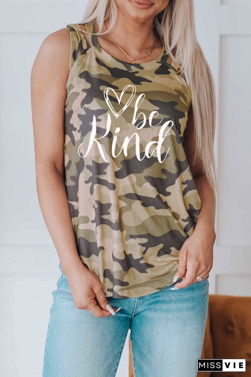 Green Be Kind Camo Crisscross Shoulder Tank Top