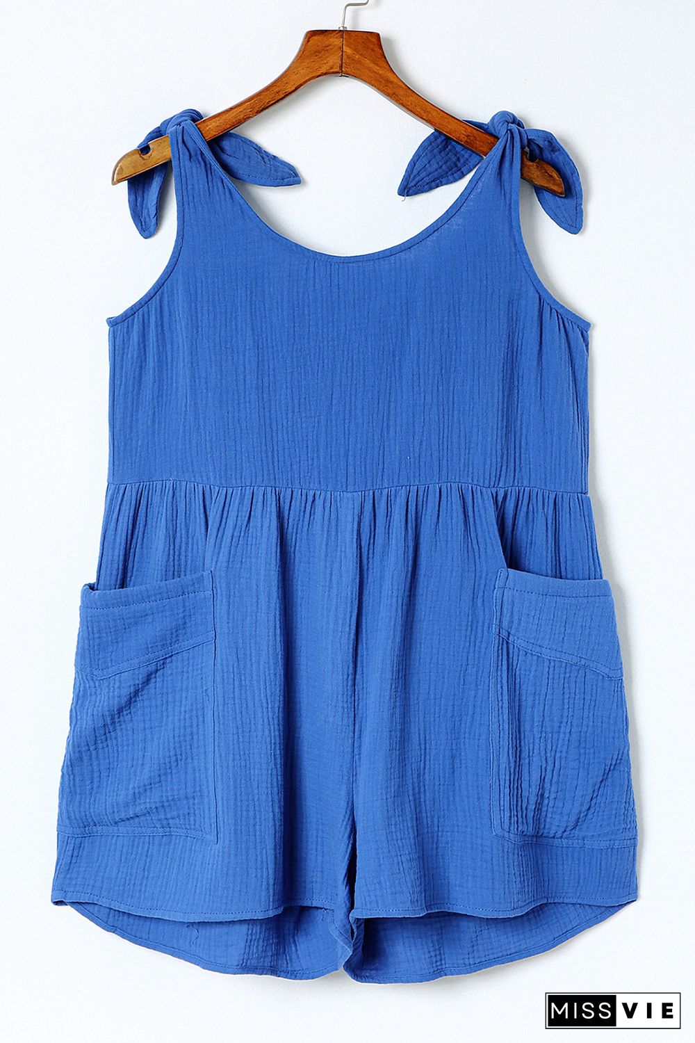 Blue Textured Knotted Straps High Waist Wide Leg Romper