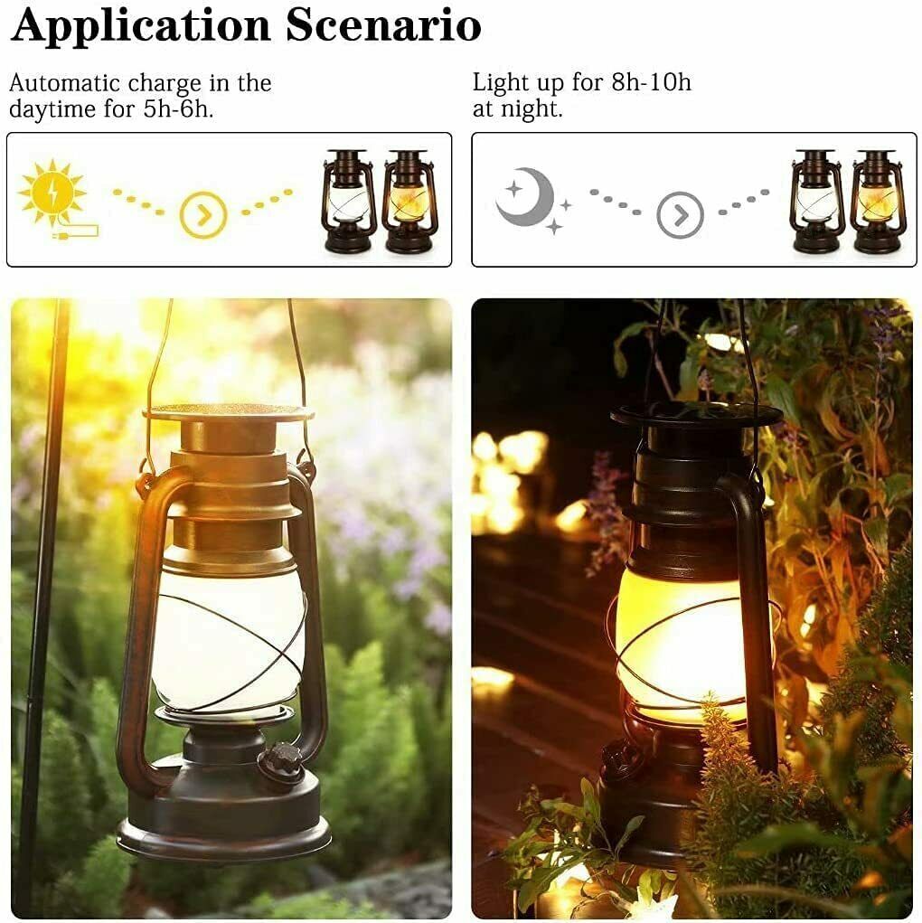 2 Pack Rustic Solar Flicker Flame Lantern Hanging Lights Outdoor Lamp Waterproof