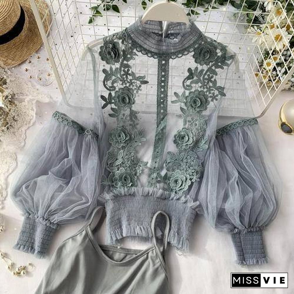 Spring Women Tops Fashion Sexy Sheer Lace Blouse Lantern Sleeve 3D Floral Blouses Shirts Elegant Top Blusas Femininas