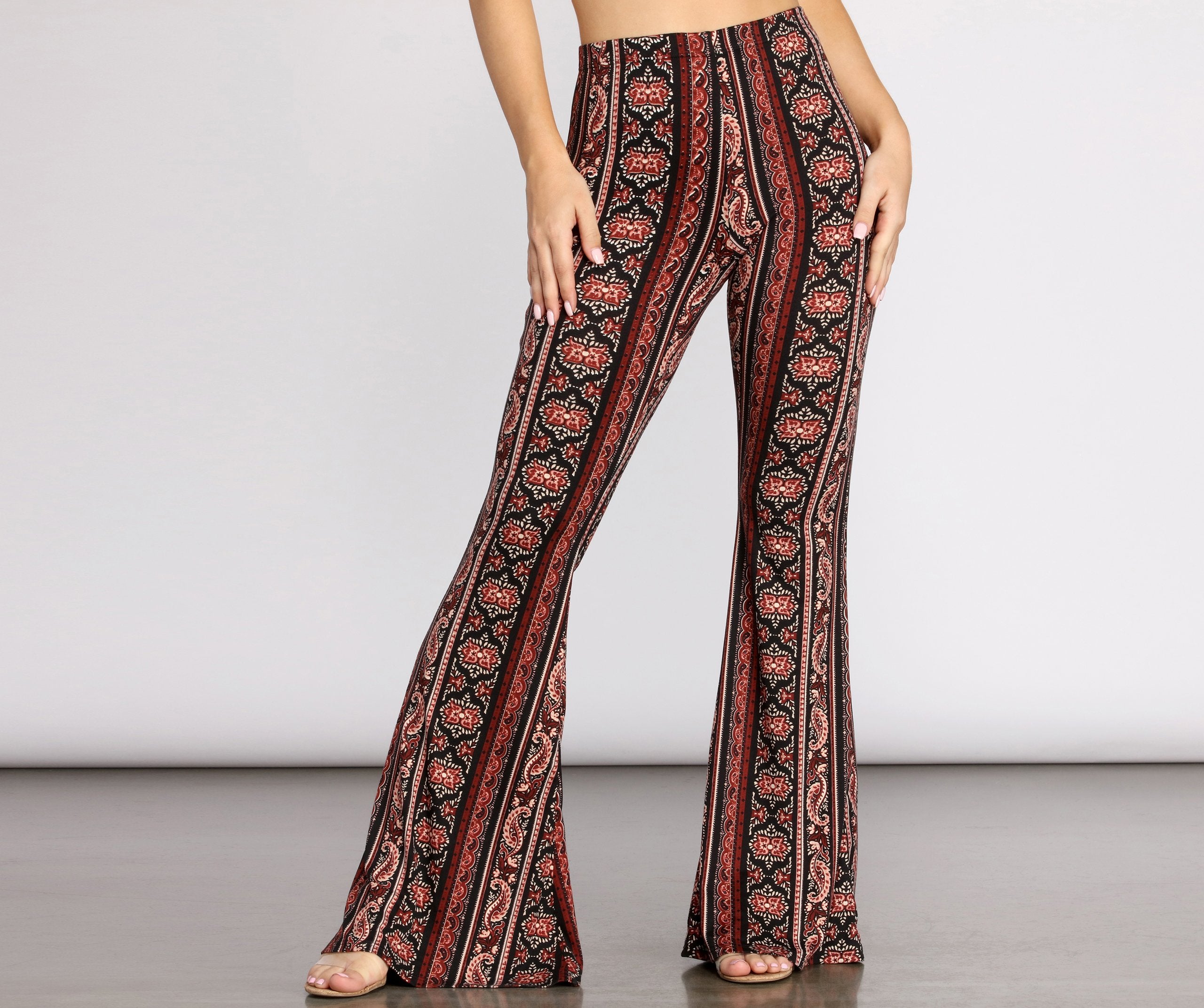 Boho Flair Floral Stripe Flare Pants