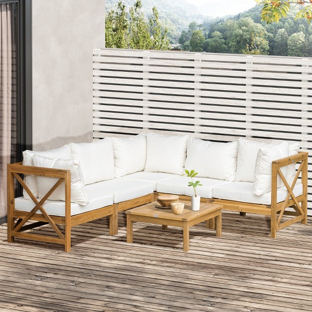 Outsunny 6 Piece Wood Patio Furniture Set Outdoor Sectional Sofa With Cushions And Coffee Table Acacia Wood Conversation Set Couch Cream White