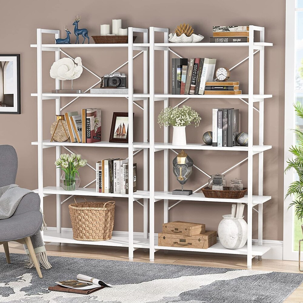 White Bookshelf 5 Tier Bookcase with Metal Frame