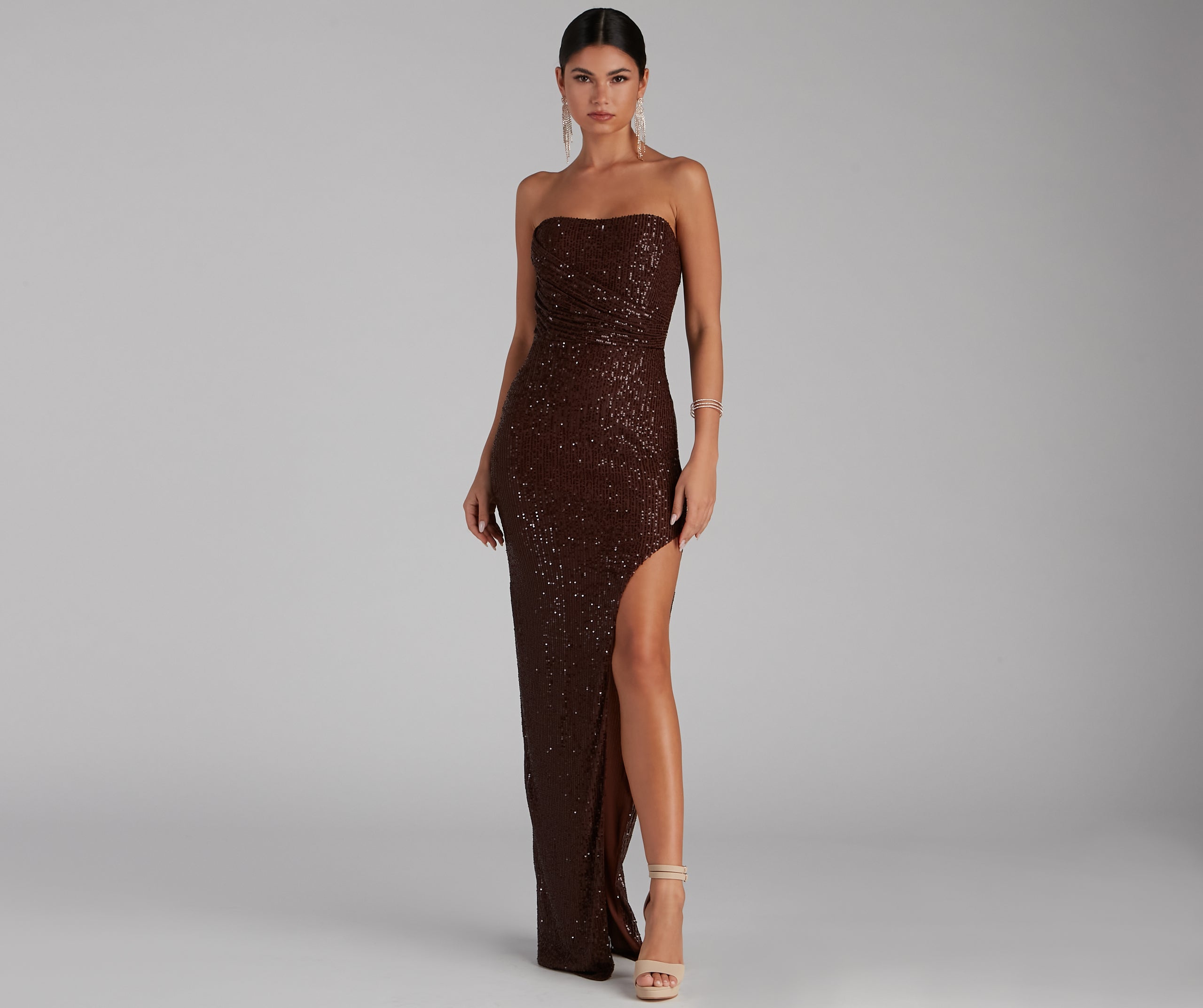 Sorella Sequin Wrap Slit Formal Dress