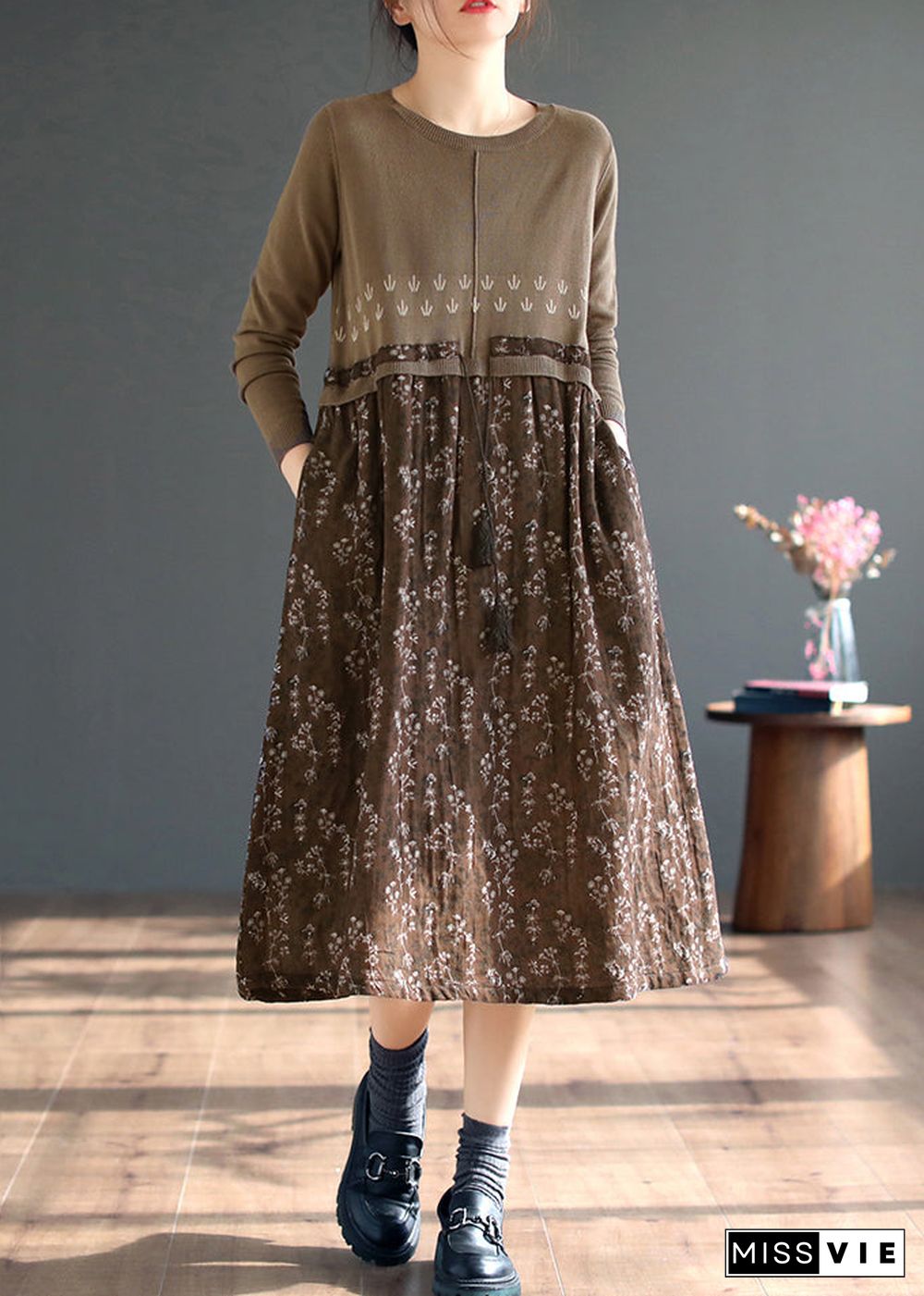 Beautiful Coffee O Neck Print Patchwork Knitting Dress Fall