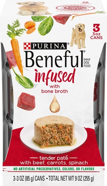 Purina Beneful Infused Pate With Real Beef， Carrots and Spinach Wet Dog Food， 3-oz sleeve， case of 24