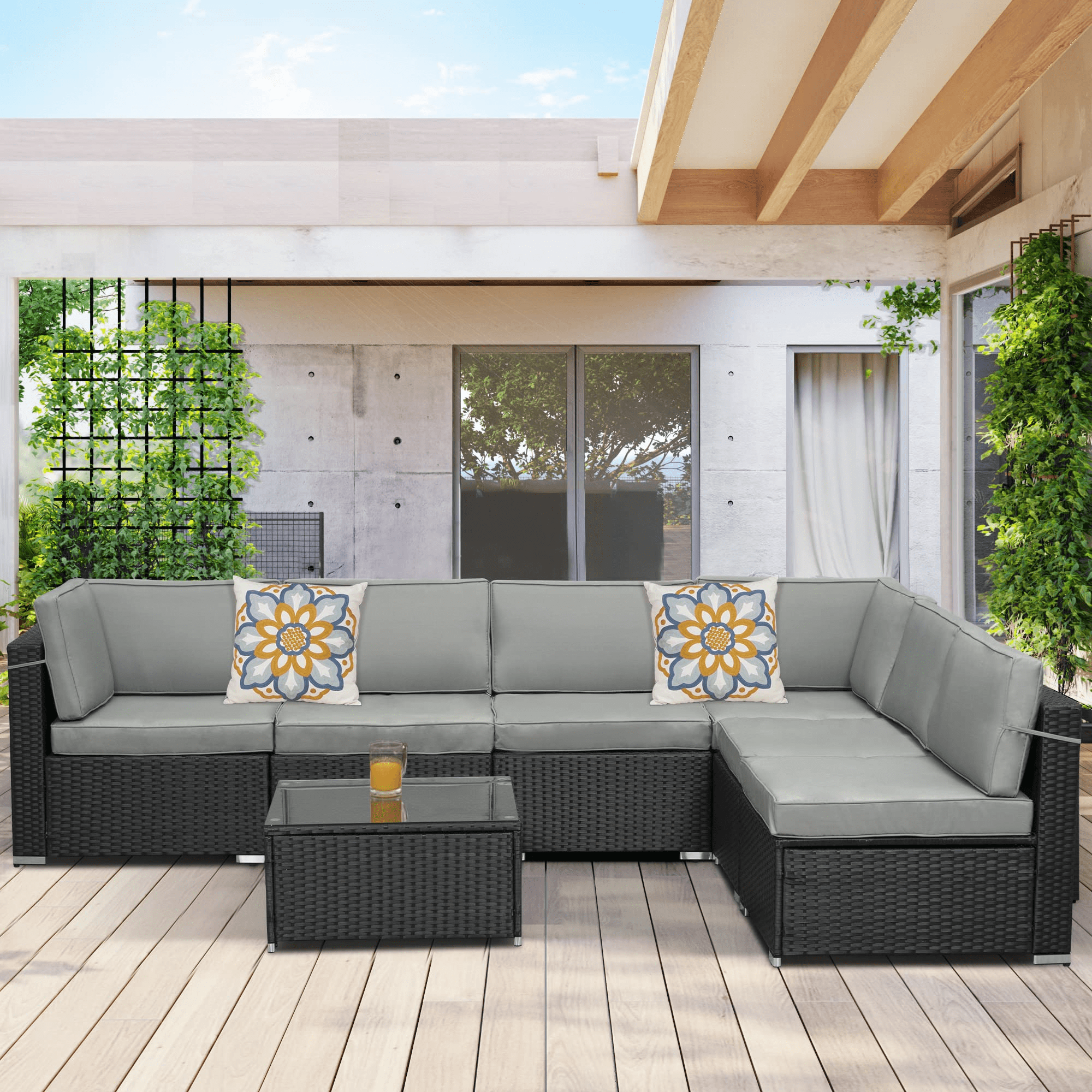 Royalcraft 7 Pieces Patio Conversation Sets， All-Weather PE Black Wicker Outdoor Rattan Sectional Sofa， Patio Sofa Couch with Table and Grey Cushions