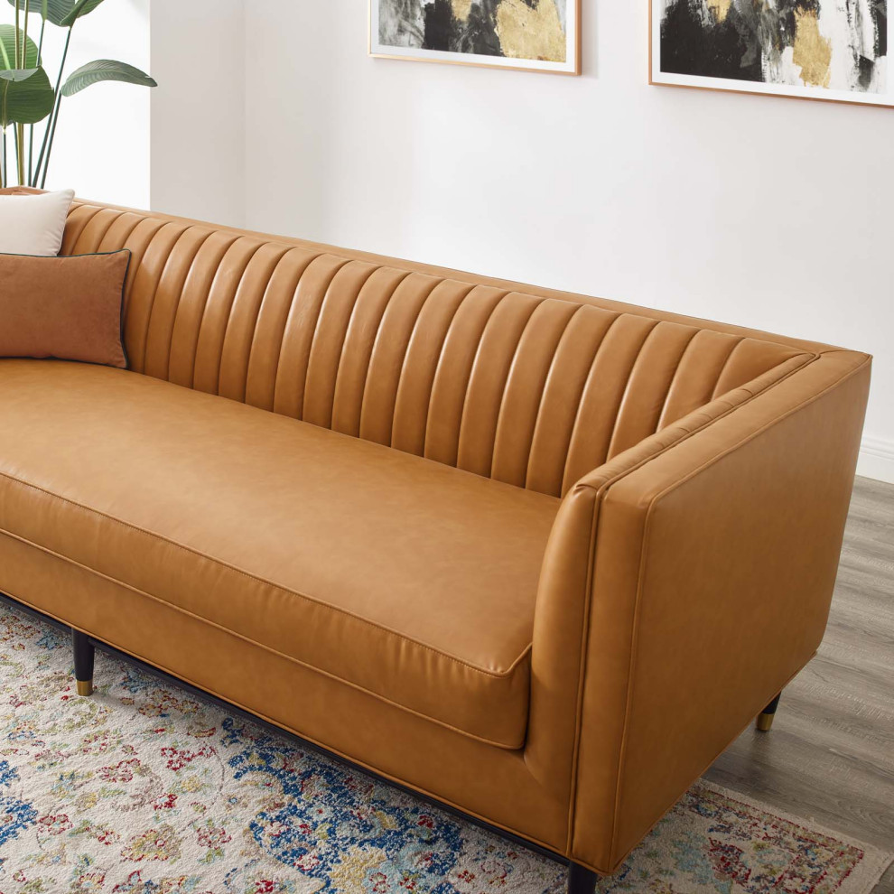 Devote Channel Tufted Vegan Leather Sofa  Tan   Midcentury   Sofas   by PARMA HOME  Houzz