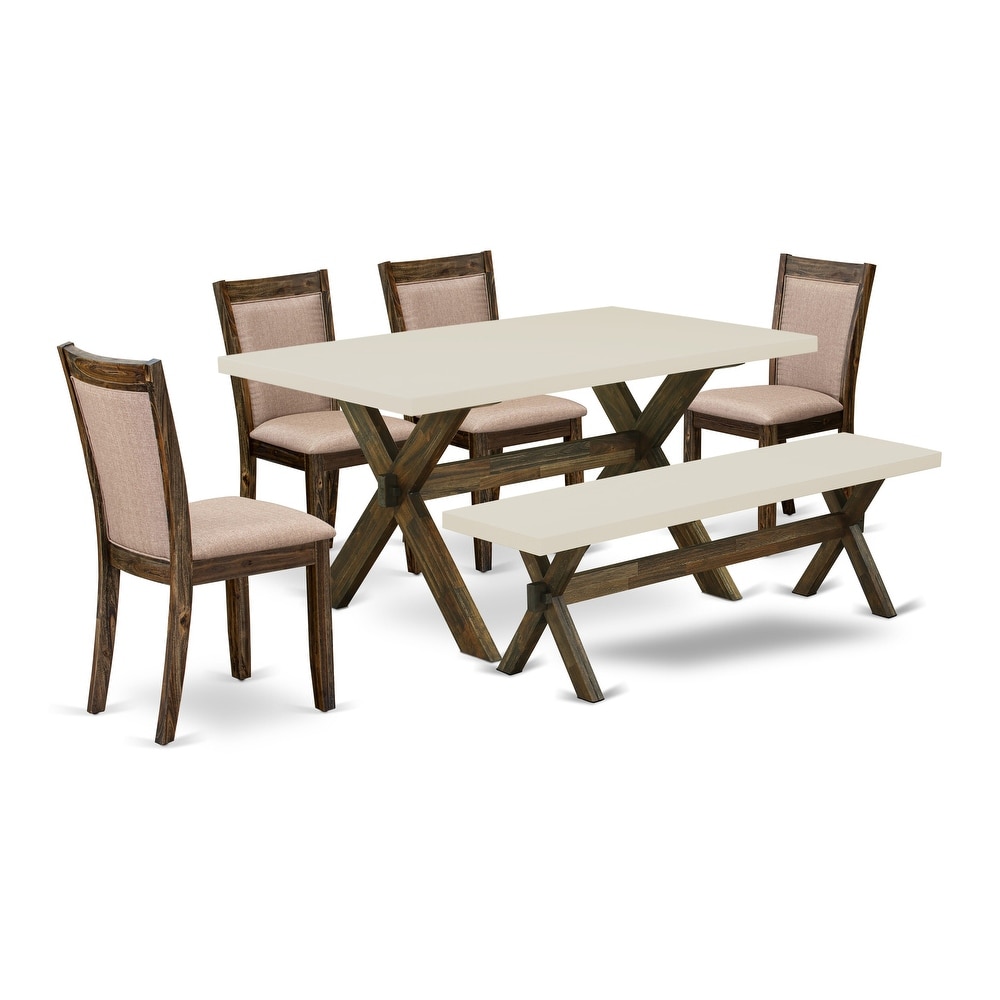 East West Furniture Dinette Set  a Dining Table and Dark Khaki Linen Fabric Chairs  Distressed Jacobean(Pieces Options)