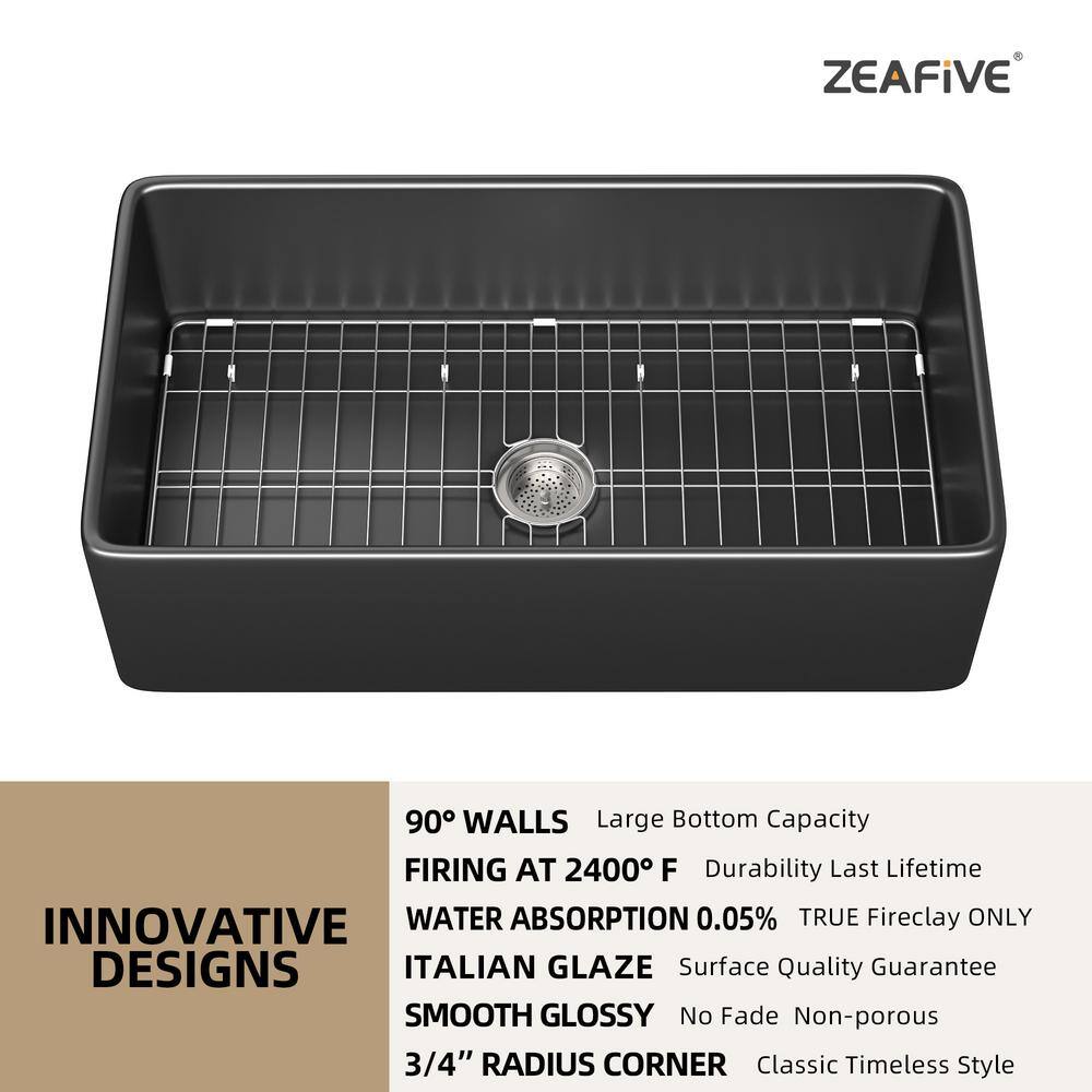 Zeafive 33 in. Fireclay Farmhouse Apron Front Single Bowl Kitchen Sink Matte Black With Bottom Grid and Strainer ZFC3318-B2