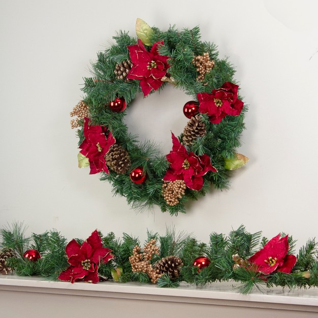 Northlight Green Pine And Poinsettias Artificial Christmas Wreath 24 inch Unlit