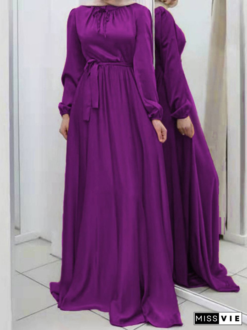 Long Sleeves Loose Pleated Solid Color Tied Waist Maxi Dresses