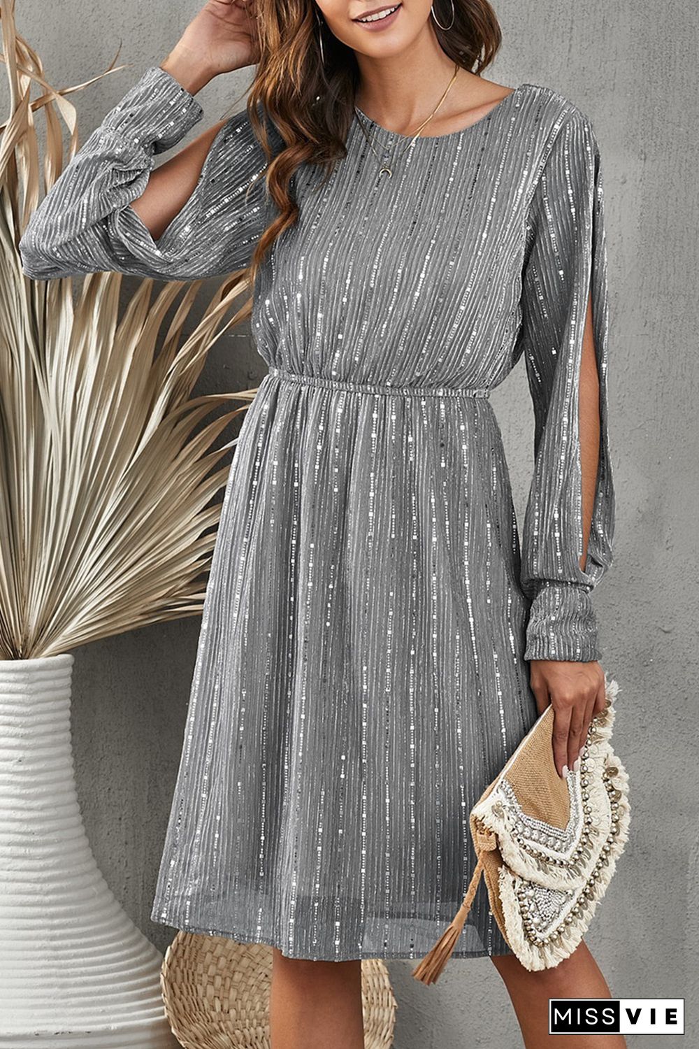 Gray Sequin Split Sleeve Midi Dress