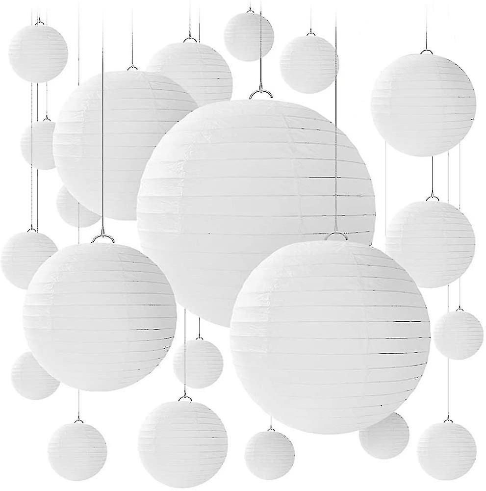 20 Pcs White Round Paper Lanterns With Wire Ribbing， Different Sized