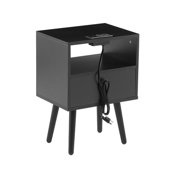 Modern Side table with Drawer and Solid Wood Legs，Rattan Nightstand with Power Outlet and USB Ports