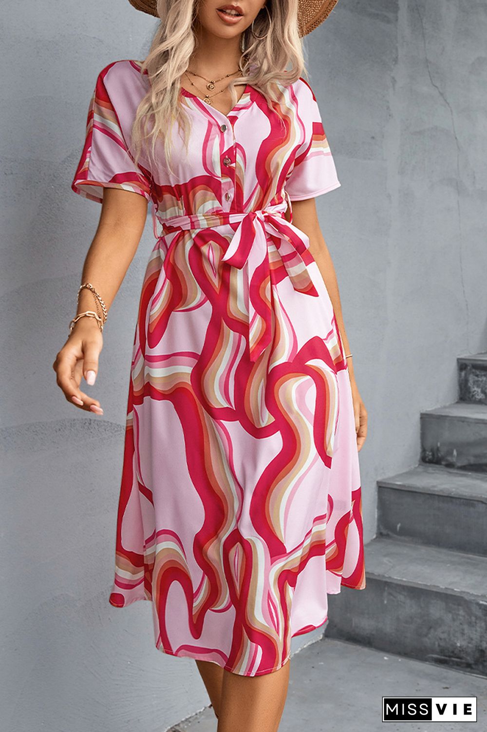 Printing V Neck Button Tie Waist Dress