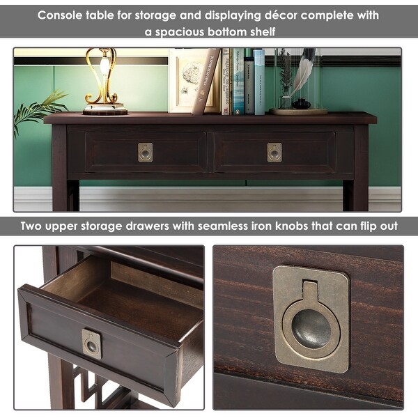 Console Table with 2 Drawers and Bottom Shelf， Entryway Accent Sofa Table (Espresso)