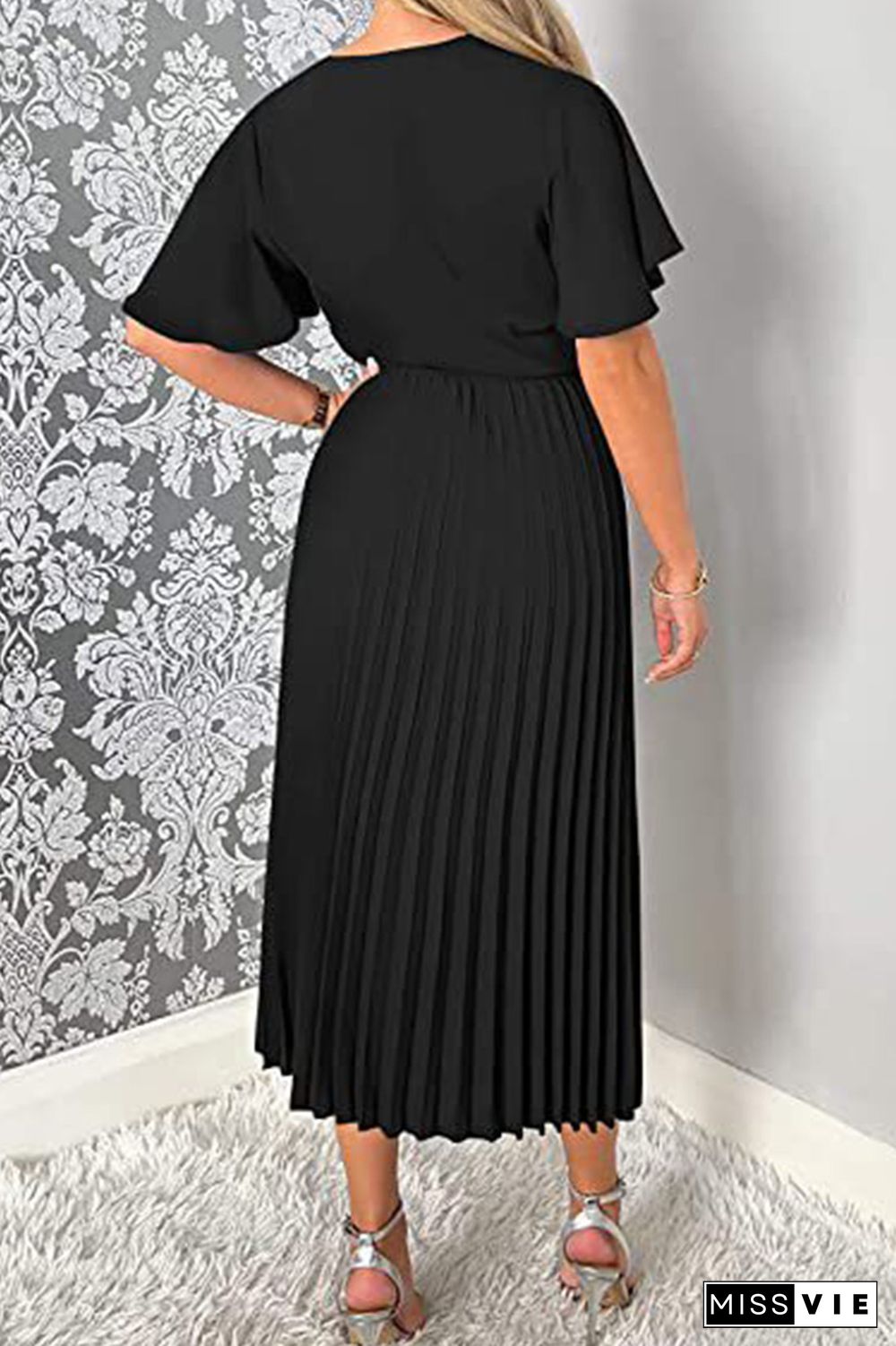 Plain V Neck Flare Sleeves Pleated Midi Dress