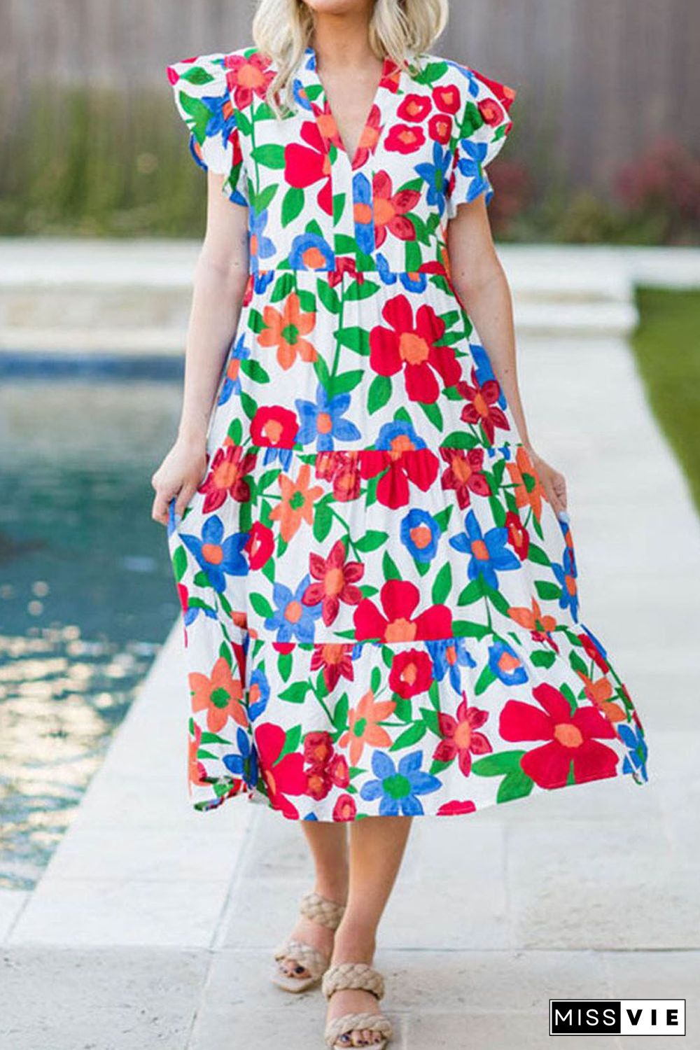 Multicolor Flutter Sleeve V Neck High Waist Floral Midi Dress