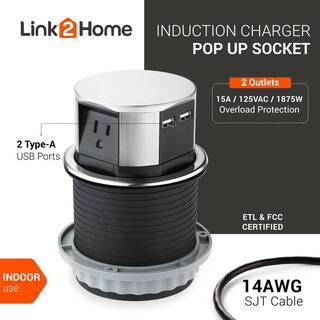 Link2Home Space Saver Pop Up-Outlet 3 Power Outlets 15 Amp 2 USB Ports 2.4 Amp Overload Protection Splash Resistant EM-PU-100E