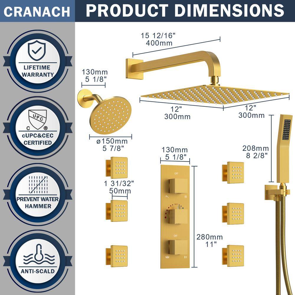 CRANACH 8-Spray 12 in. Wall Mount Dual Shower Head and Handheld Shower Head 2.5 GPM with 6-Jets in Brushed Gold(Valve Included) SRSFS-1017-GD12