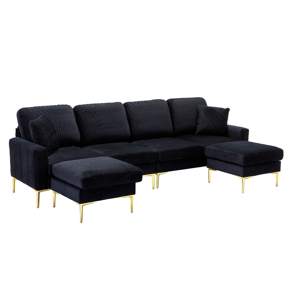 Black Velvet Modular Reversible Sectional Sofa Set w/ 2 Ottomans