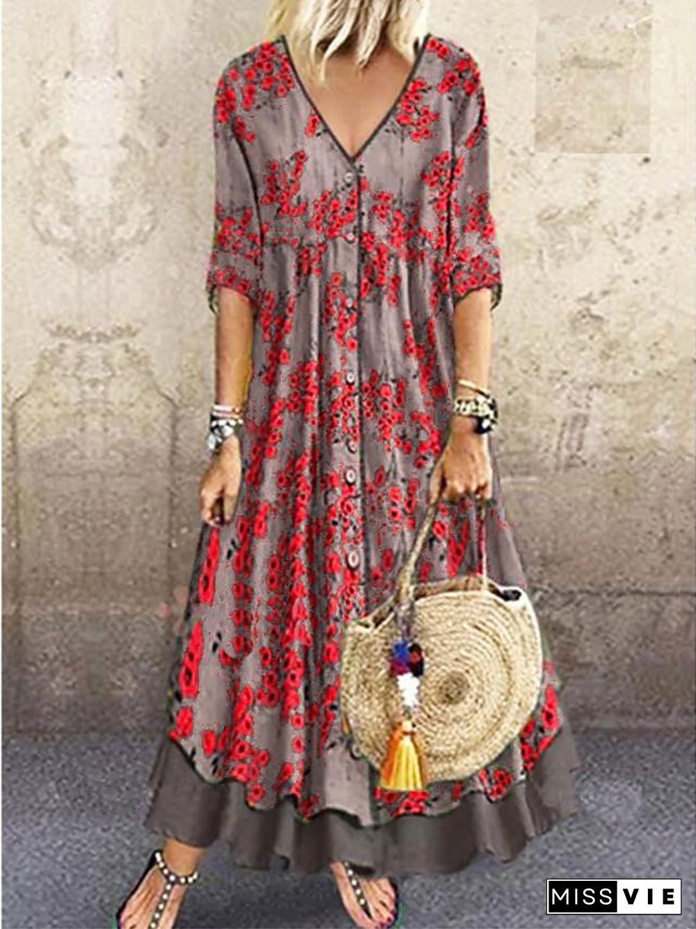 Women's A-Line Dress Maxi long Dress - Half Sleeve Floral Layered Button Print Spring & Summer Deep V Hot Casual Holiday vacation dresses Loose  Red Green Gray M L XL XXL 3XL