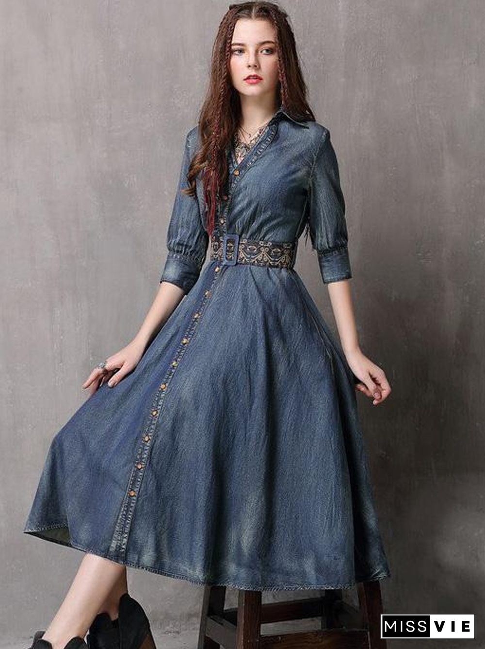 Vintage Embroidered Cropped Denim Dress