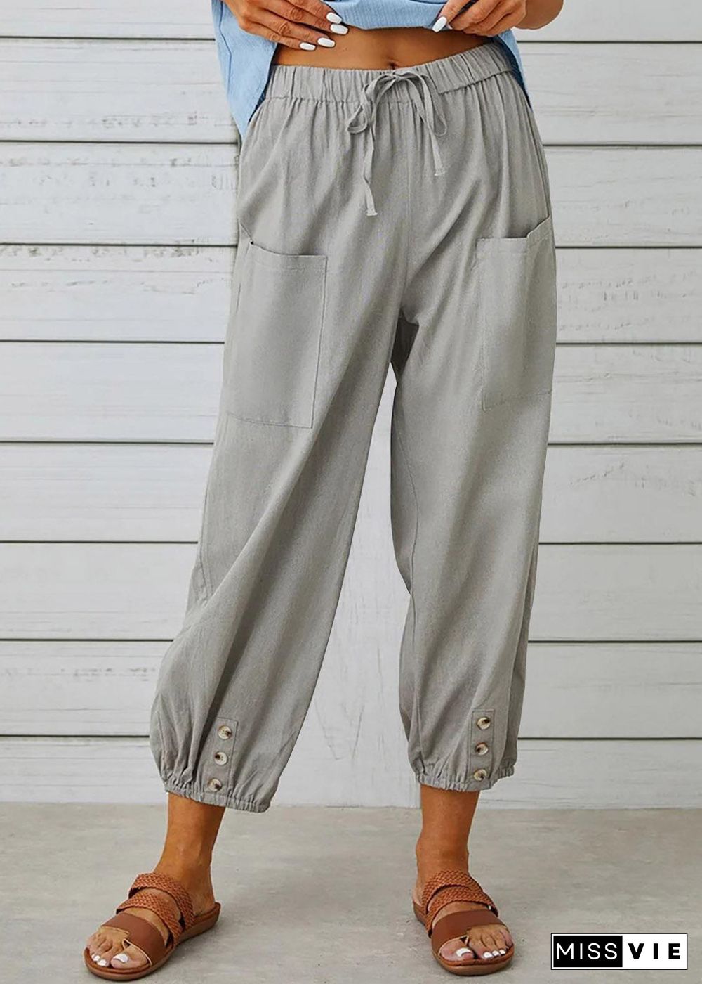 Plus Size Grey Elastic Waist Solid Crop Pants Summer