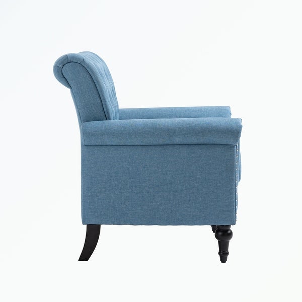 Linen Armchair with Tufted Back and Wood Legs