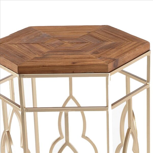 Nesting Side Table with Hexagonal Top， Set of 2， Brown and Gold - 26 H x 17 W x 15 L Inches