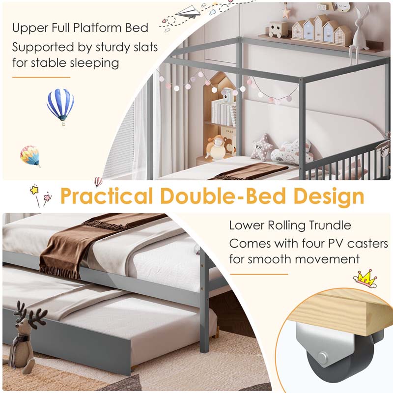 Full Size Canopy Bed with Trundle, Solid Wood Platform Bed Frame with Headboard, Full Bed for Kids Teens Adults