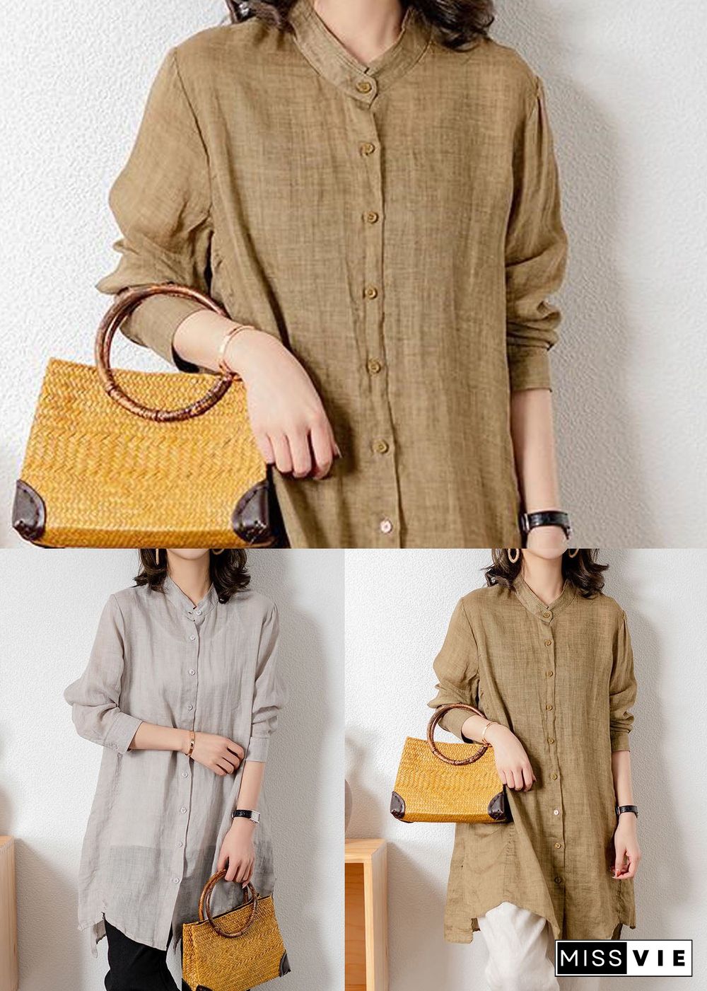 Grey Patchwork Linen Blouses Button Bracelet Sleeve