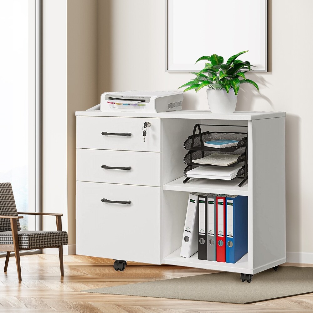 Yulika 3 Drawer White Wood Rolling File Cabinet