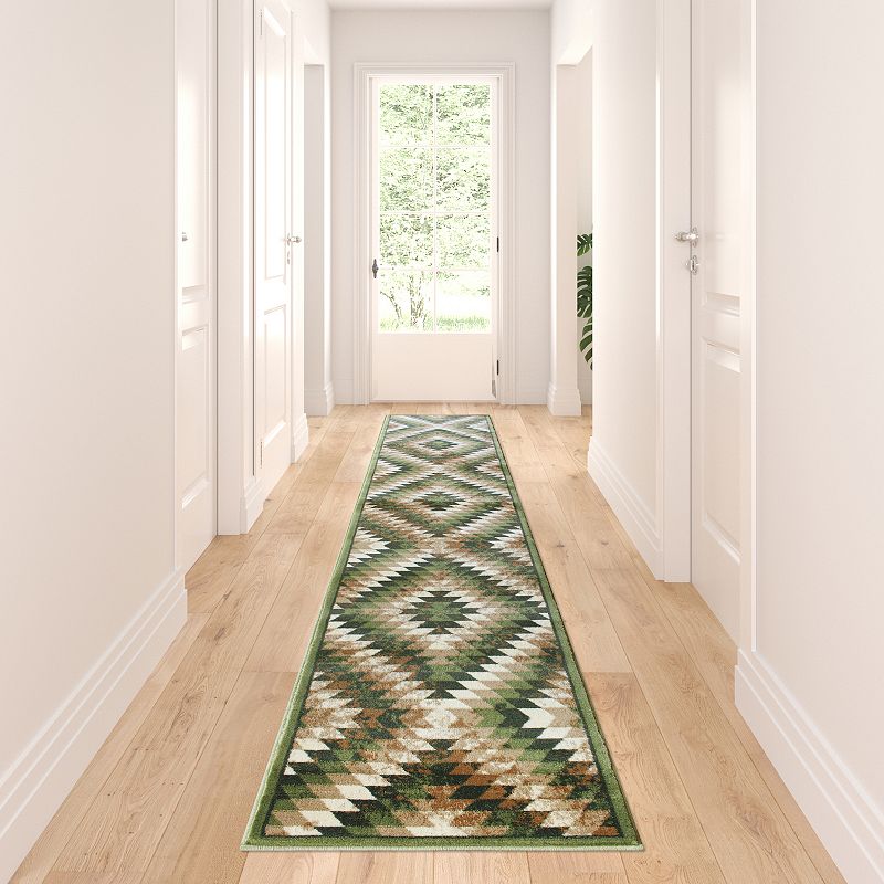 Masada Rugs Masada Rugs Stephanie Collection 3'x11' Area Rug Runner with Distressed Southwest Native American Design 1106 in Green， Brown and Beige