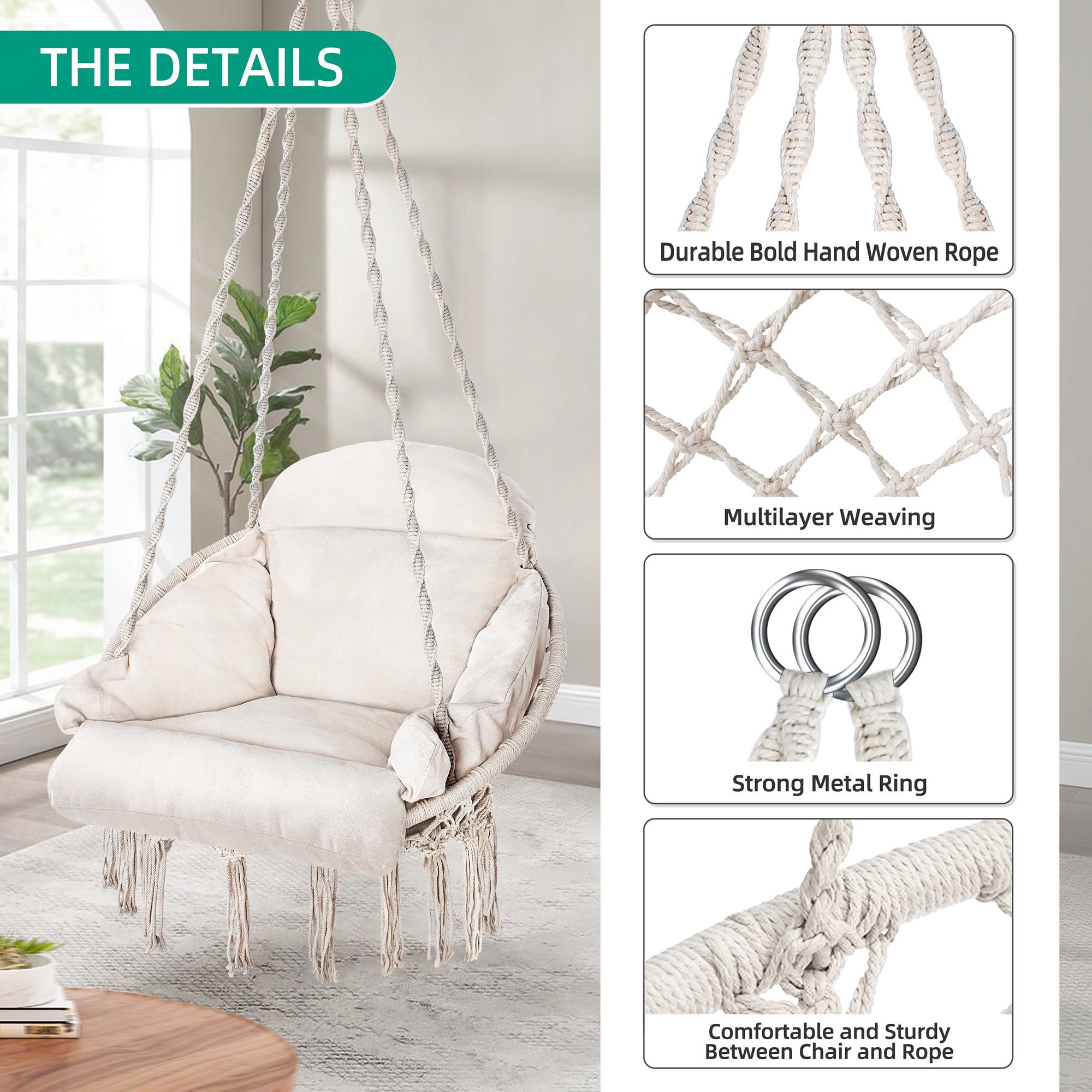 Hanging Hammock Chair, Macrame Hanging Chair 330 Pounds Capacity, Cotton Rope Handwoven Tassels Porch Swing Chair for Bedroom, Living Room, Yard, Garden, Balcony, Indoor / Outdoor