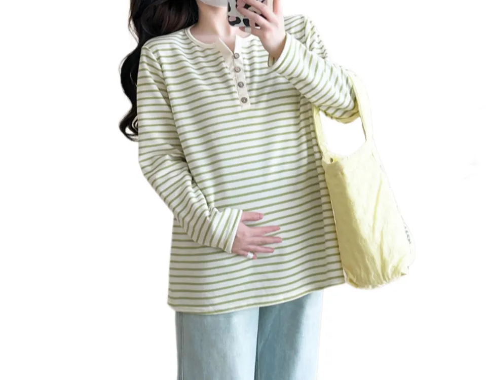2024 Autumn Maternity Striped Long-Sleeve T-Shirt – Loose-Fit Plus-Size Base Layer